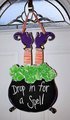 Drop In For A Spell Door Hanger – Halloween Witch Cauldron Sign with Witch Feet – Spooky Front Door Décor – Handmade Halloween Decoration