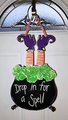 Drop In For A Spell Door Hanger – Halloween Witch Cauldron Sign with Witch Feet – Spooky Front Door Décor – Handmade Halloween Decoration