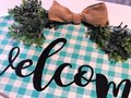 Teal Checkered Welcome Wooden Sign/Decor/Fern Burlap Bow