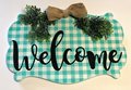 Teal Checkered Welcome Wooden Sign/Decor/Fern Burlap Bow