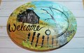 Rustic Wooden Oval Welcome Sign – Hand-Painted Barn Scene Door Hanger – Farmhouse Front Porch Décor – Country Cabin Wall Art