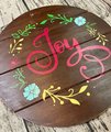 Joy Floral Wreath Wooden Round Door Hanger Sign