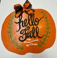 Hello Fall with Laurels Pumpkin Wood Door Hanger