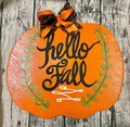Hello Fall with Laurels Pumpkin Wood Door Hanger