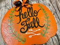 Hello Fall with Laurels Pumpkin Wood Door Hanger