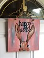 Happy Easter Bunny Head Wooden Pastel Painted Door Hanger Sign