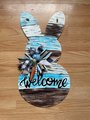 Blue and Brown Wood Shades Welcome Easter Spring Bunny Wooden Door Hanger Sign