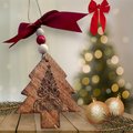 Rustic Wooden Christmas Tree Ornament “Merry Christmas” Engraved Tree w/ Red Bow & Beaded Hanger | Farmhouse Holiday Décor | Wooden Tree Tag