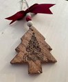 Rustic Wooden Christmas Tree Ornament “Merry Christmas” Engraved Tree w/ Red Bow & Beaded Hanger | Farmhouse Holiday Décor | Wooden Tree Tag