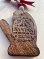 Santa’s Workshop Mitten Ornament – Rustic Wooden Christmas w/ Engraved North Pole Design, Red Bow & Beaded Hanger | Farmhouse Holiday Décor