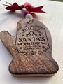 Santa’s Workshop Mitten Ornament – Rustic Wooden Christmas w/ Engraved North Pole Design, Red Bow & Beaded Hanger | Farmhouse Holiday Décor