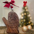 Santa’s Workshop Mitten Ornament – Rustic Wooden Christmas w/ Engraved North Pole Design, Red Bow & Beaded Hanger | Farmhouse Holiday Décor