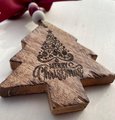 Rustic Wooden Christmas Tree Ornament “Merry Christmas” Engraved Tree w/ Red Bow & Beaded Hanger | Farmhouse Holiday Décor | Wooden Tree Tag