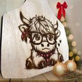 Wooden Cow Tag with cute Highland with Glasses tag