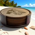 Round Faux Leather Coaster Set with Engraved Custom Beach Themed Animals, Custom Coasters - Custom Gifts, Engraved Beach Coasters