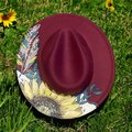 Hand Painted Fedora Hat | Burgundy Boho Sunflower & Feather Hat | Custom Western Fedora | Women’s Artistic Felt Hat