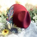 Hand Painted Fedora Hat | Burgundy Boho Sunflower & Feather Hat | Custom Western Fedora | Women’s Artistic Felt Hat