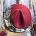 Hand Painted Fedora Hat | Burgundy Boho Sunflower & Feather Hat | Custom Western Fedora | Women’s Artistic Felt Hat