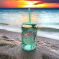 Sun Salt Sand Glass Can Cup | Beach Vibes Glass Tumbler with Straw | Summer Iced Coffee Cup | Tropical Drinkware | Coastal Gift