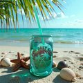 Sun Salt Sand Glass Can Cup | Beach Vibes Glass Tumbler with Straw | Summer Iced Coffee Cup | Tropical Drinkware | Coastal Gift