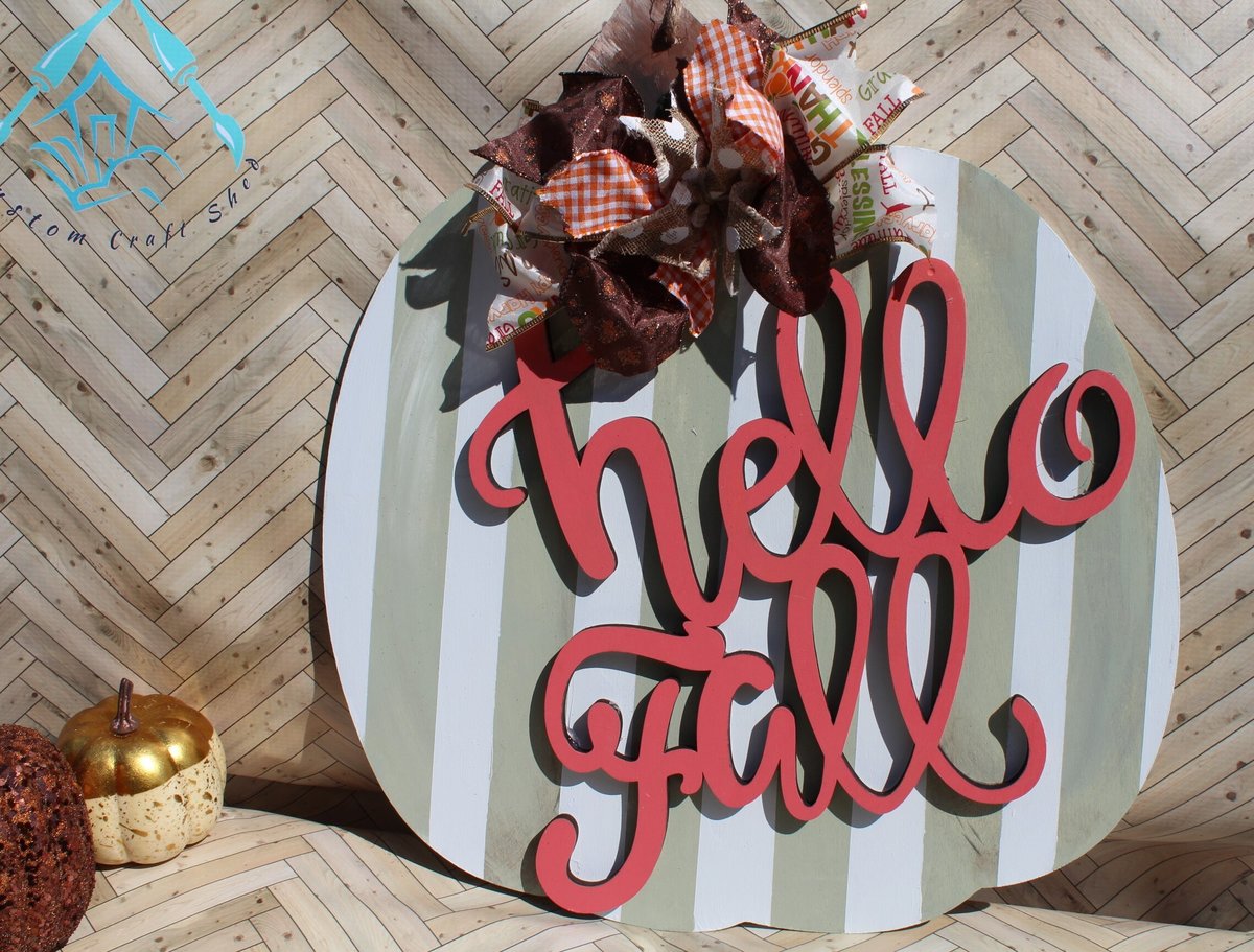 Hello Fall Striped Pumpkin Wood Door Hanger