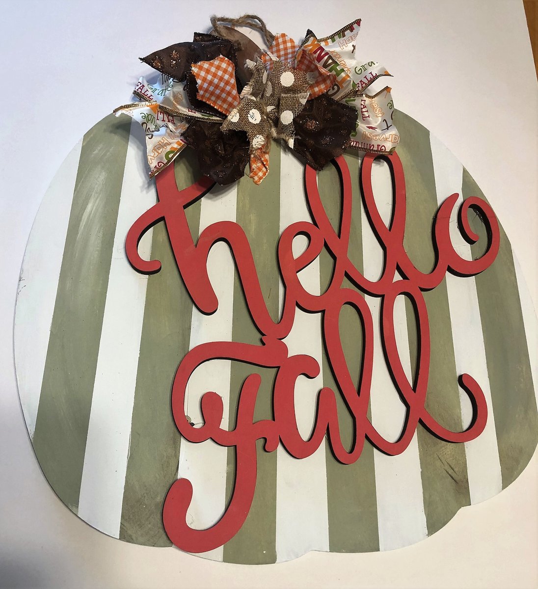 Hello Fall Striped Pumpkin Wood Door Hanger