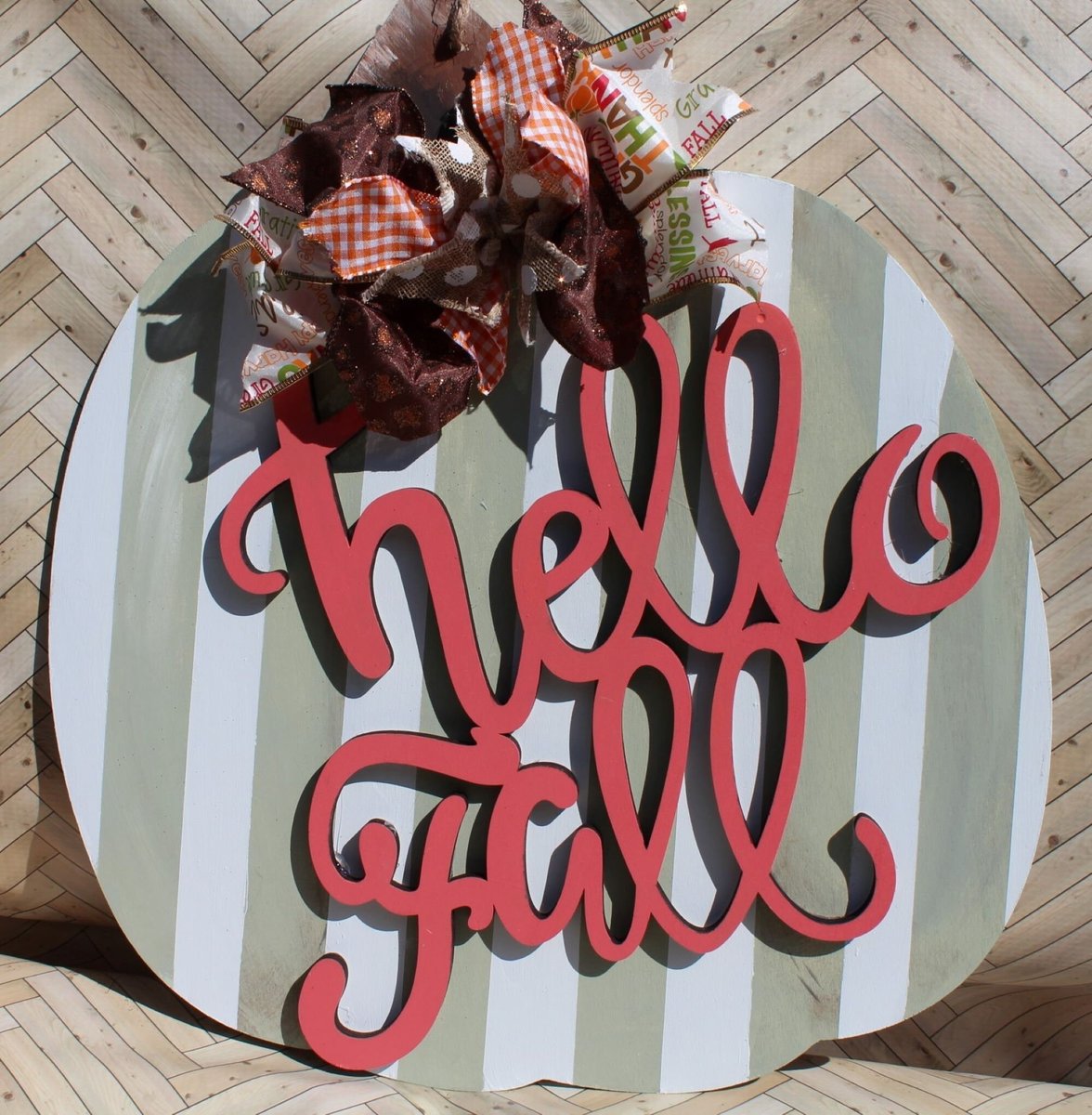Hello Fall Striped Pumpkin Wood Door Hanger