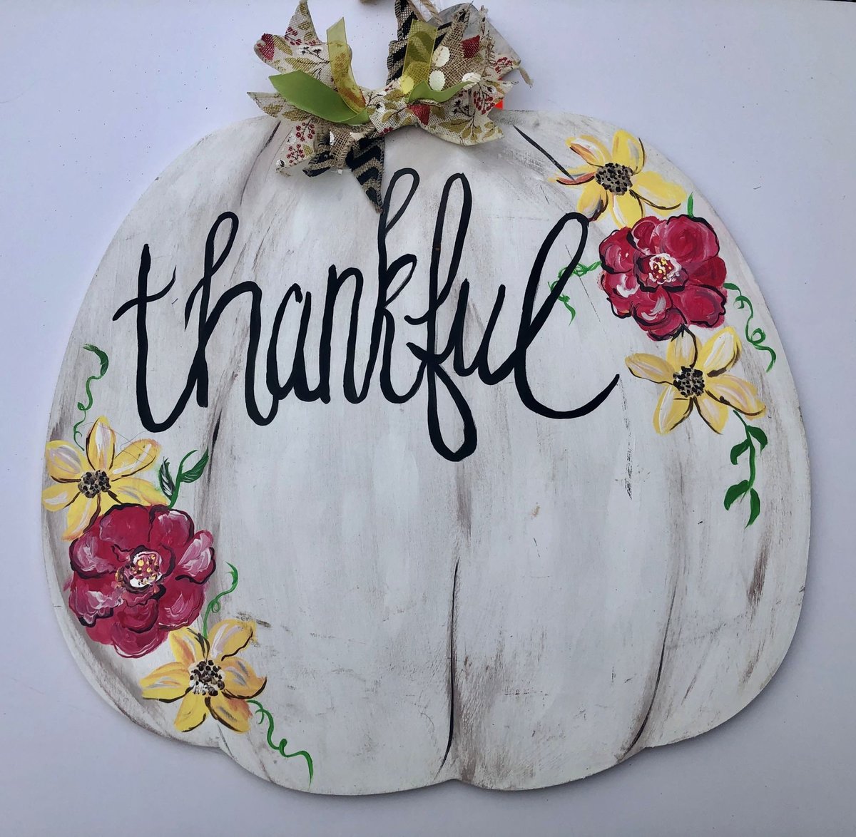 Thankful Floral Painted Pumpkin Wood Door Hanger