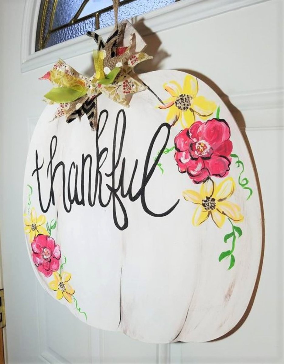 Thankful Floral Painted Pumpkin Wood Door Hanger