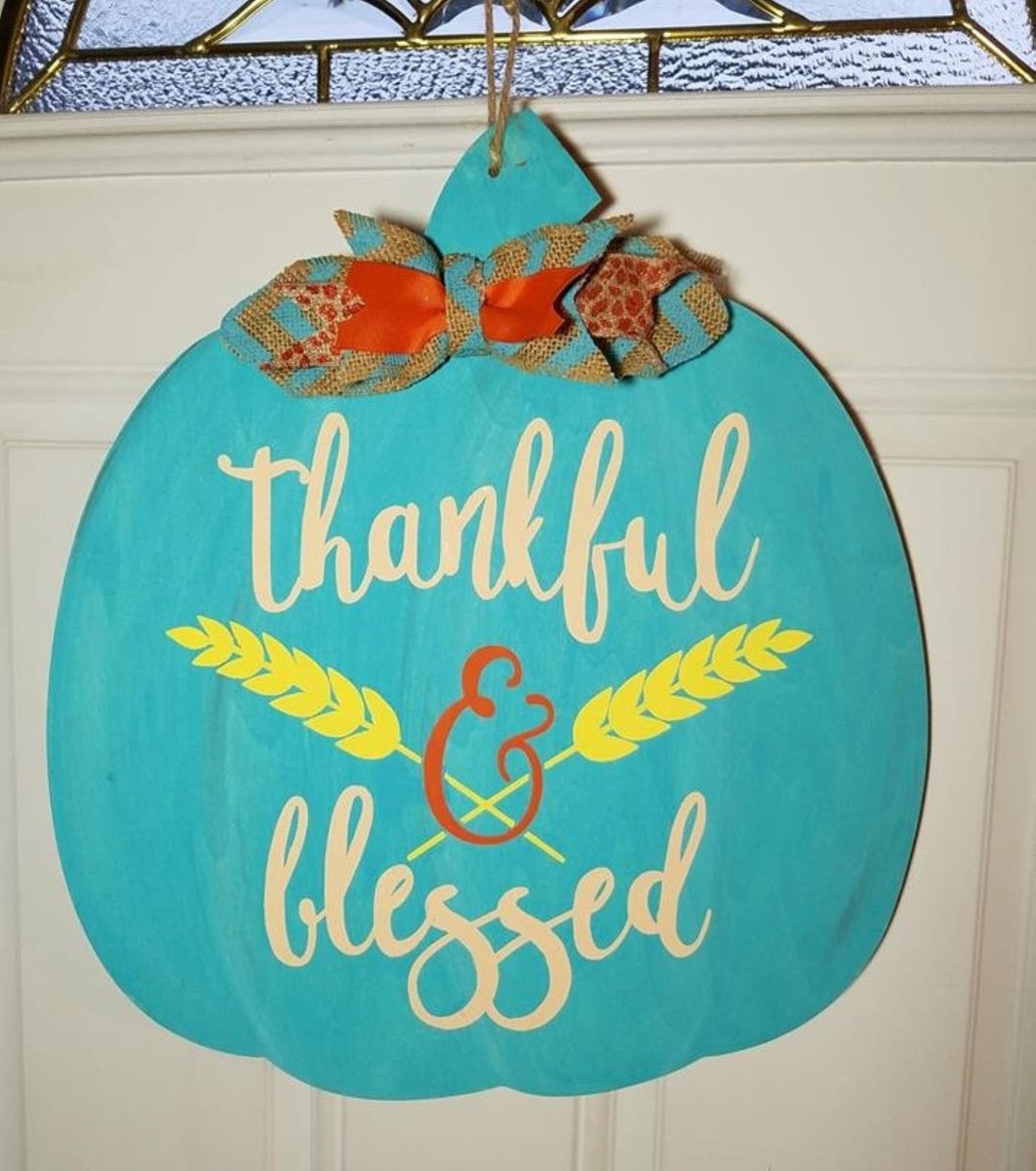 Thankful & Blessed Teal Pumpkin Wood Door Hanger
