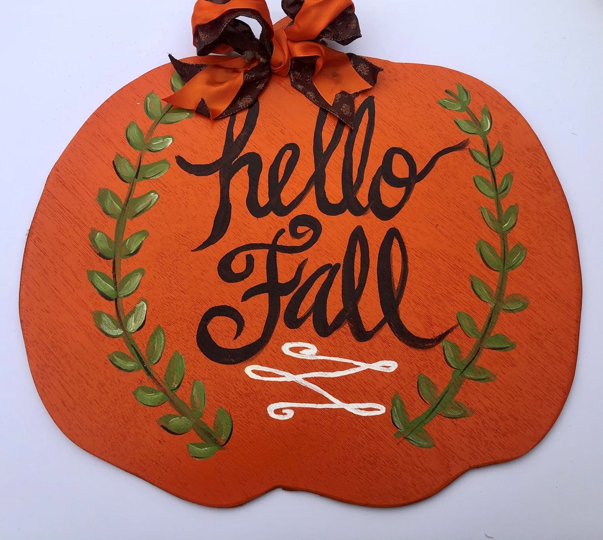 Hello Fall with Laurels Pumpkin Wood Door Hanger