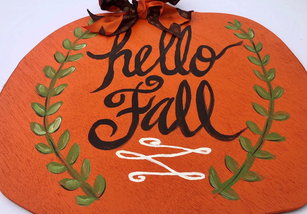 Hello Fall with Laurels Pumpkin Wood Door Hanger