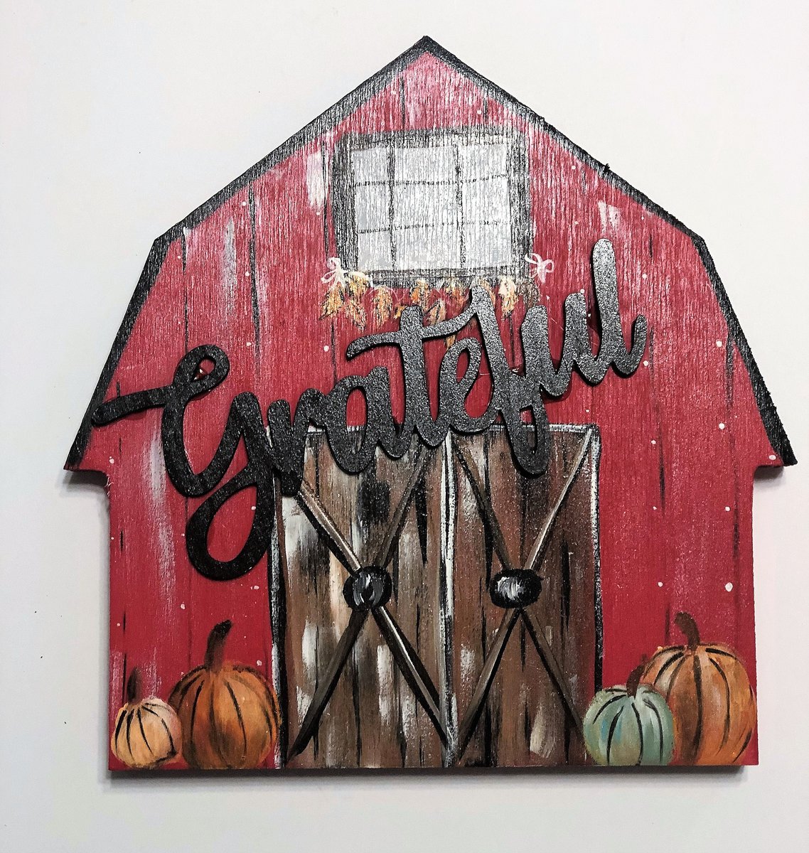 Grateful Fall Scene Barn Wood Sign Shelf Sitter
