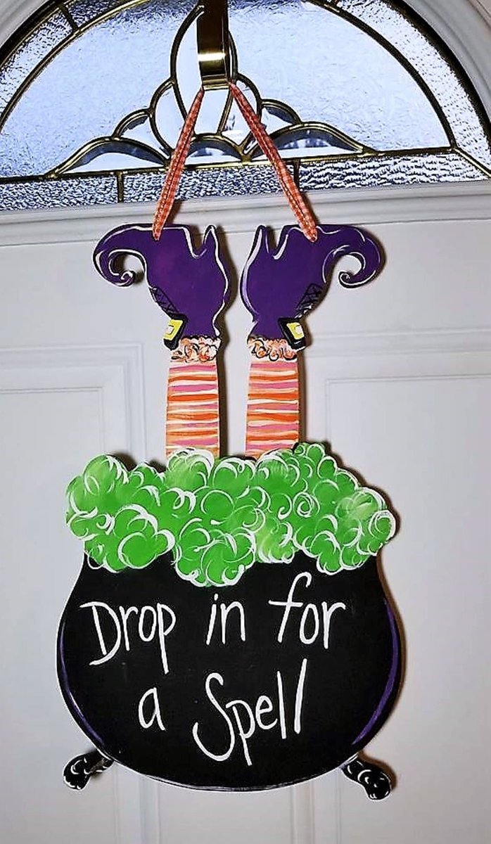Drop In For A Spell Door Hanger – Halloween Witch Cauldron Sign with Witch Feet – Spooky Front Door Décor – Handmade Halloween Decoration