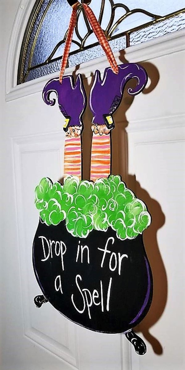 Drop In For A Spell Door Hanger – Halloween Witch Cauldron Sign with Witch Feet – Spooky Front Door Décor – Handmade Halloween Decoration
