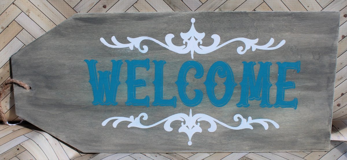 Welcome Gray and Teal Wooden Door Tag