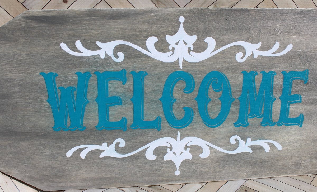 Welcome Gray and Teal Wooden Door Tag