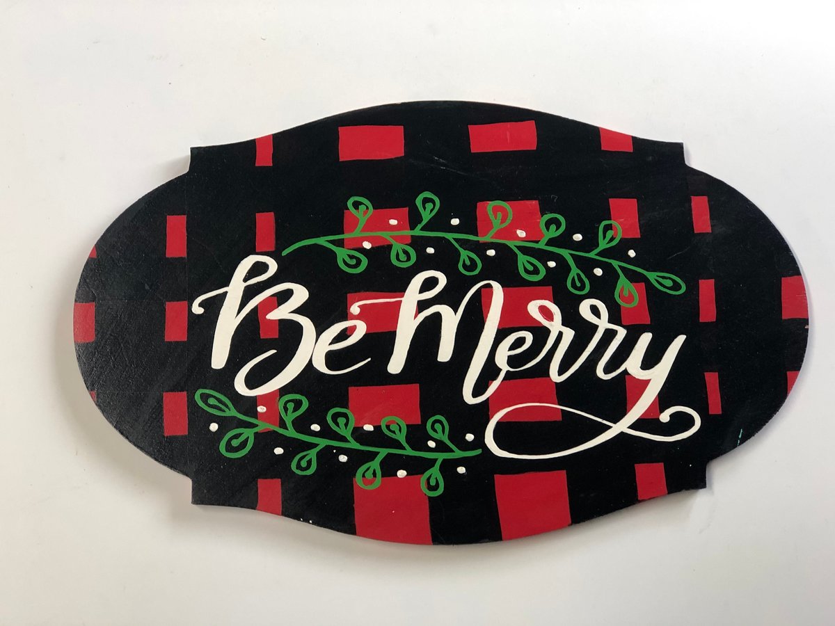 Be Merry Wooden Sign/Red & Black Plaid/Floral