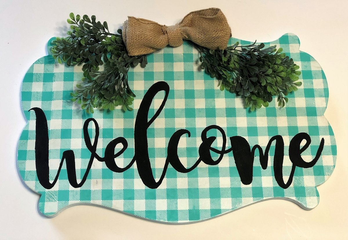 Teal Checkered Welcome Wooden Sign/Decor/Fern Burlap Bow