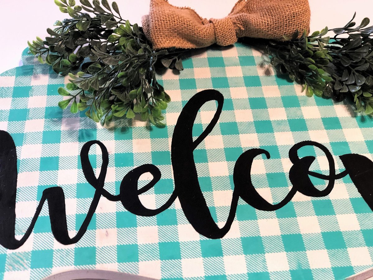 Teal Checkered Welcome Wooden Sign/Decor/Fern Burlap Bow