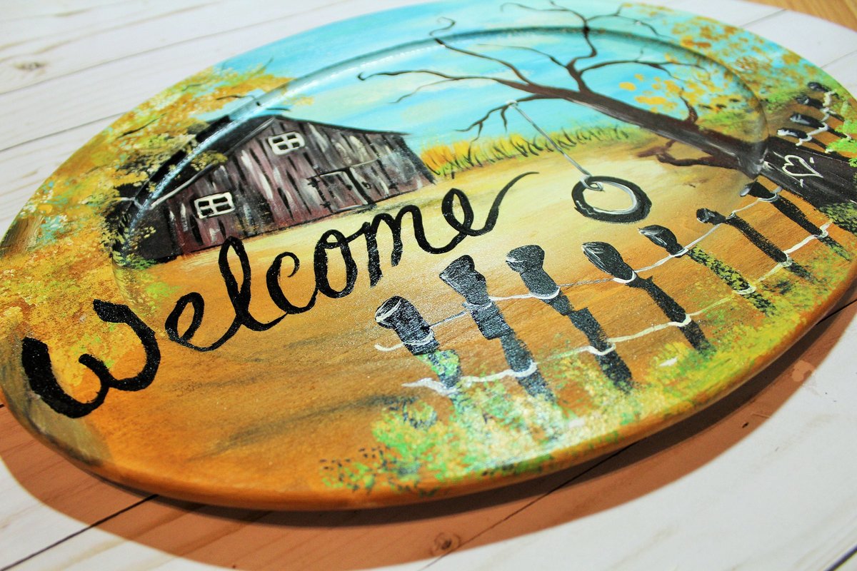 Rustic Wooden Oval Welcome Sign – Hand-Painted Barn Scene Door Hanger – Farmhouse Front Porch Décor – Country Cabin Wall Art