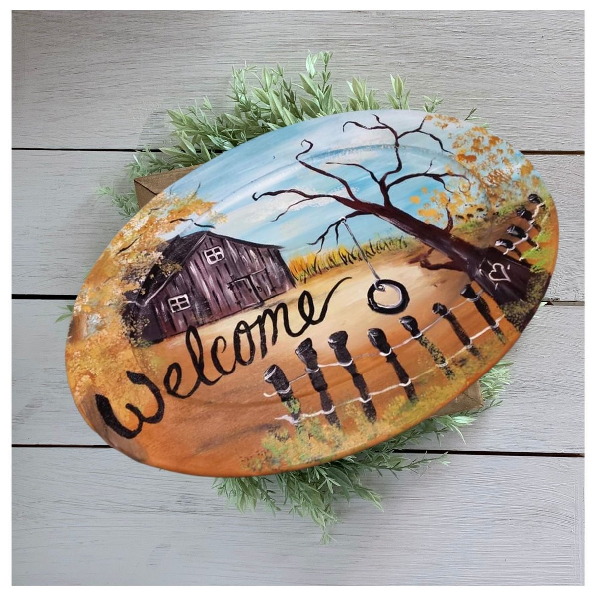 Rustic Wooden Oval Welcome Sign – Hand-Painted Barn Scene Door Hanger – Farmhouse Front Porch Décor – Country Cabin Wall Art