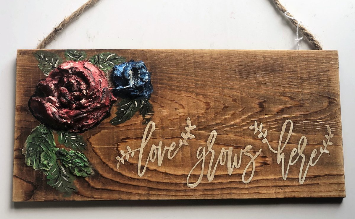 Love Grows Here Raised Flower Wood Hanging Sign