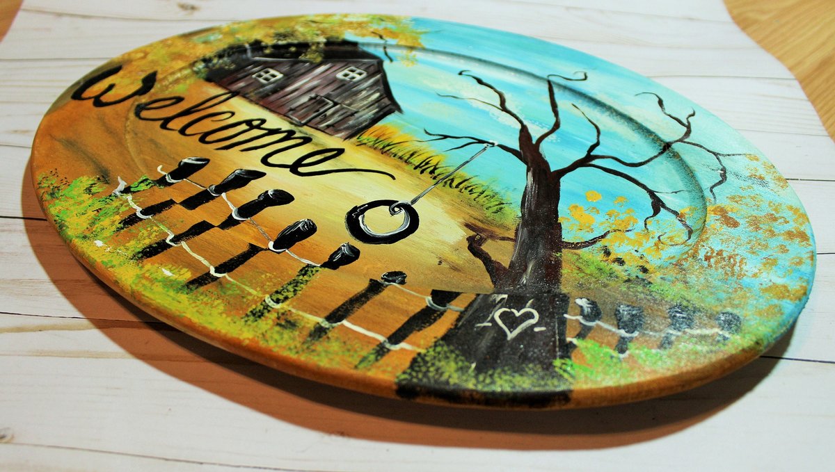 Rustic Wooden Oval Welcome Sign – Hand-Painted Barn Scene Door Hanger – Farmhouse Front Porch Décor – Country Cabin Wall Art