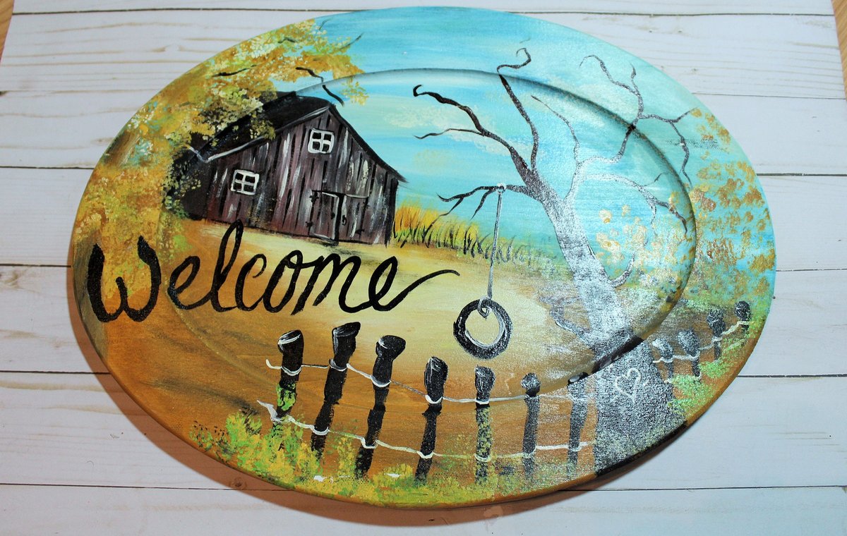 Rustic Wooden Oval Welcome Sign – Hand-Painted Barn Scene Door Hanger – Farmhouse Front Porch Décor – Country Cabin Wall Art