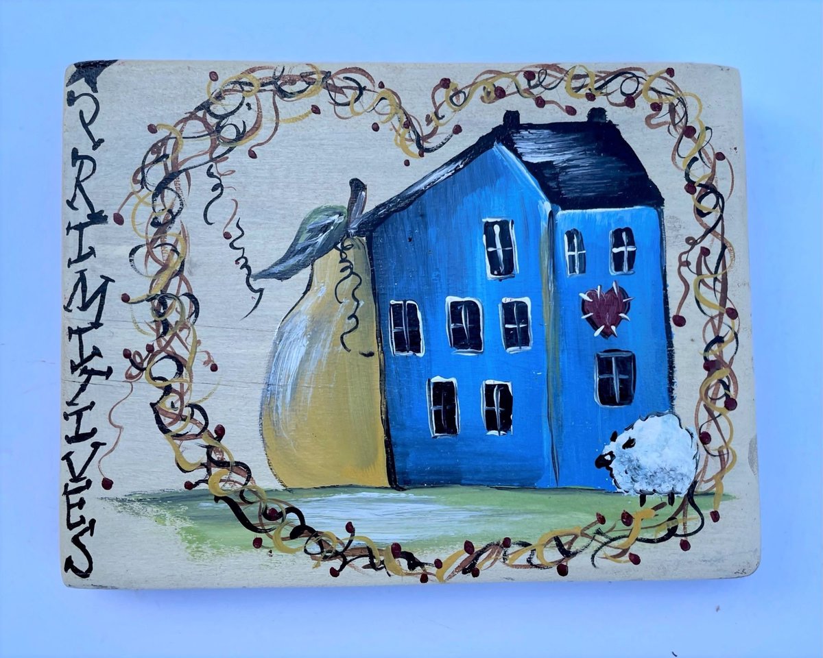 Primitive Blue Saltbox Sheep Wooden Shelf Sitter Sign