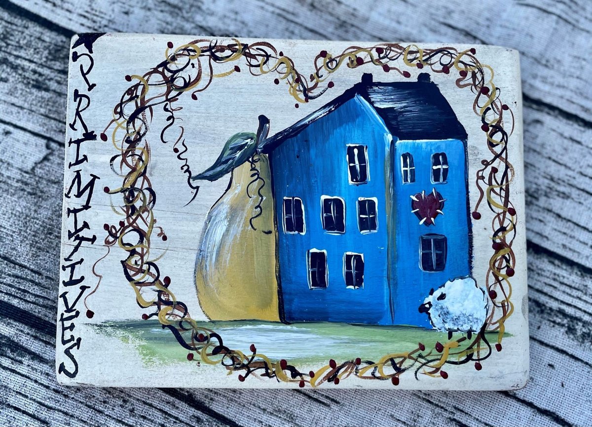 Primitive Blue Saltbox Sheep Wooden Shelf Sitter Sign