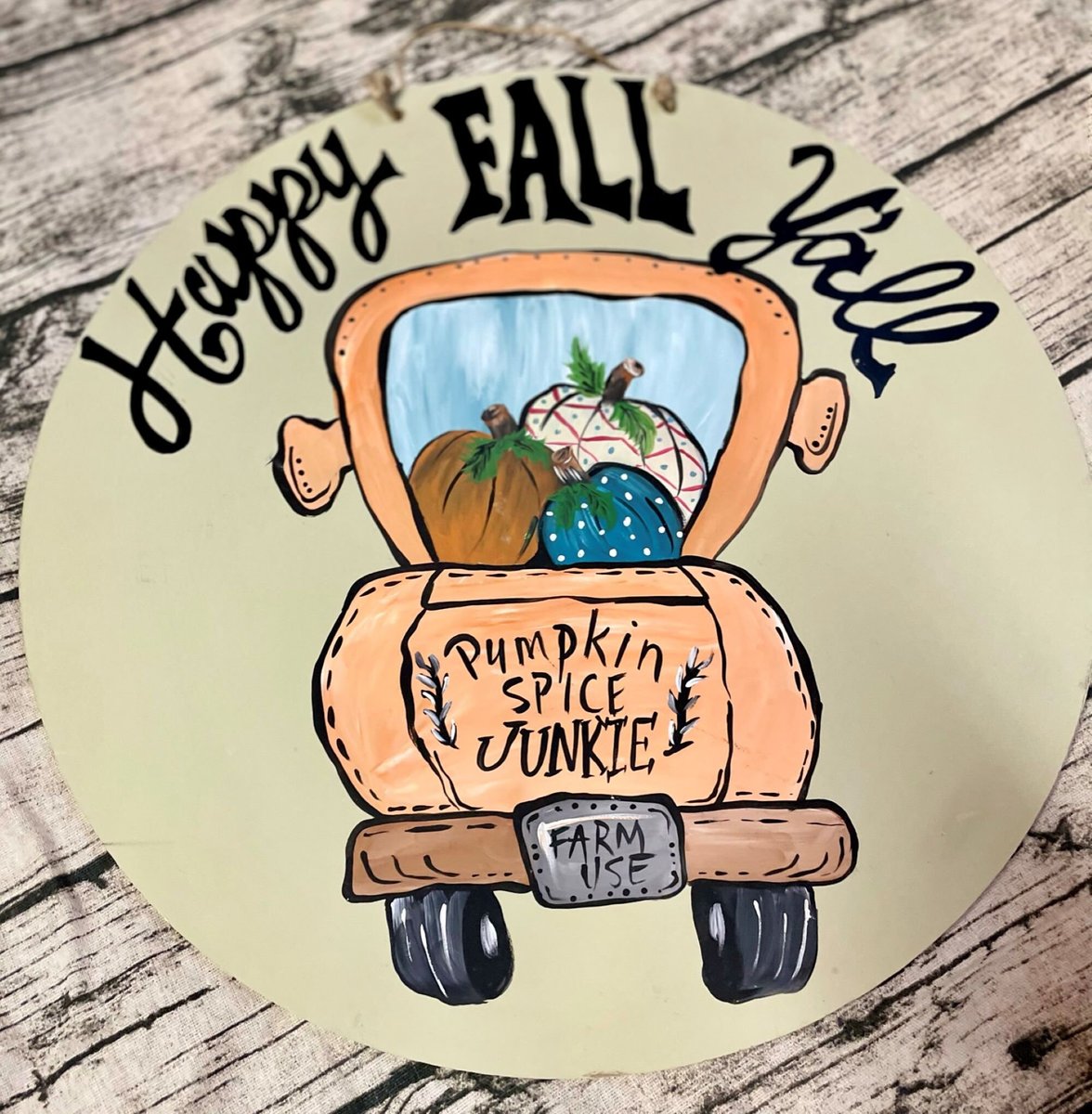Hand-Painted Fall Door Hanger – Pumpkin Spice Junkie Truck, Farmhouse Decor