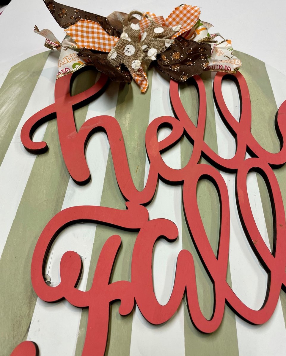 Hello Fall Striped Pumpkin Wood Door Hanger