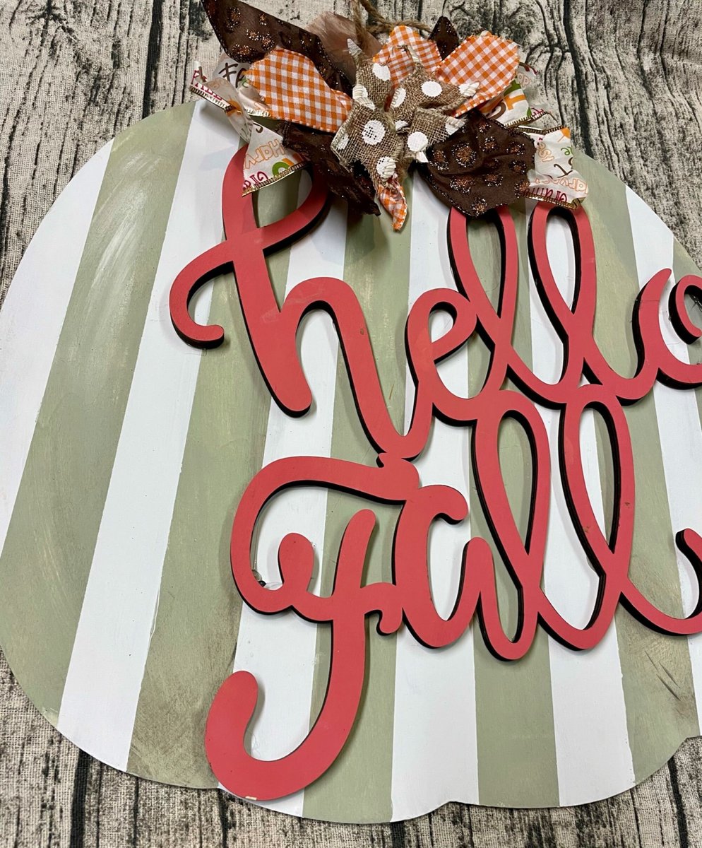 Hello Fall Striped Pumpkin Wood Door Hanger